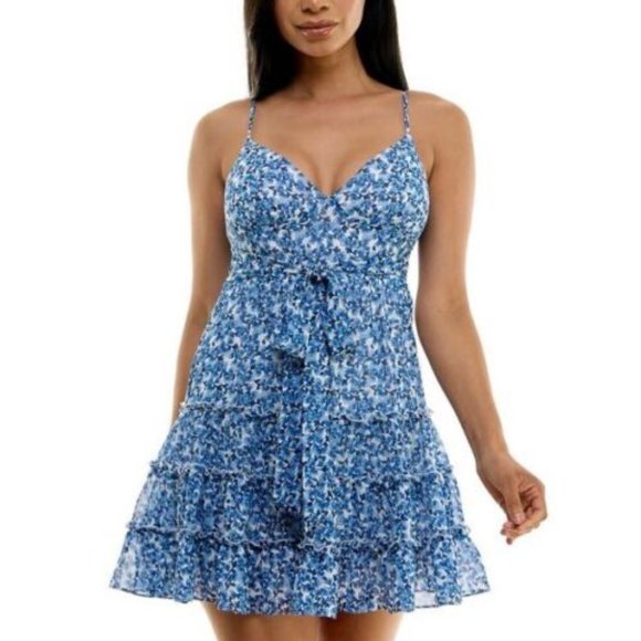 B Darlin Womens Juniors Blue Floral Print Tiered Sleeveless Mini Dress - Picture 1 of 7
